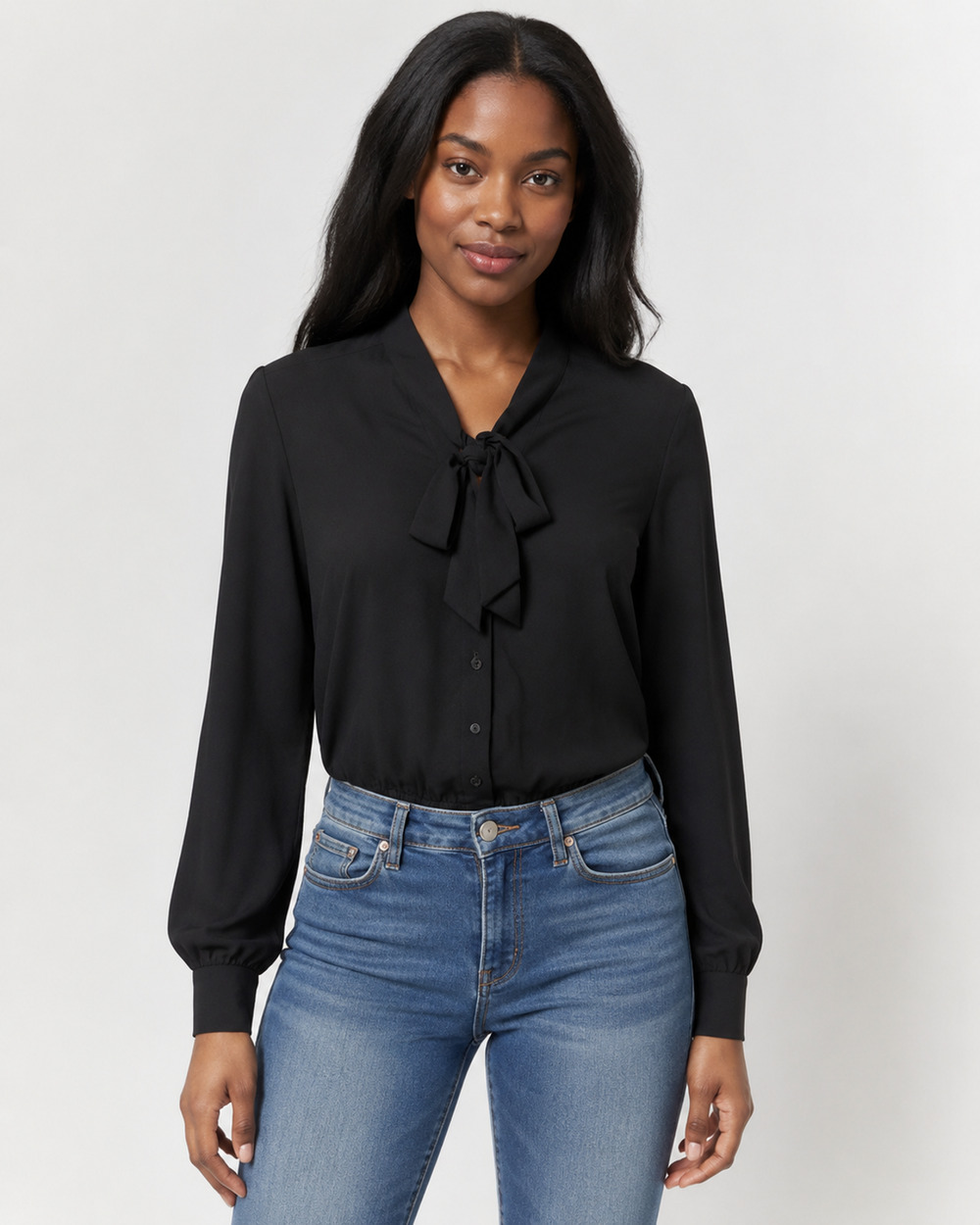 Kate Kasin NWT Bodysuit Womens M Black Bow Tie Blouse Long Sleeve Office Casual